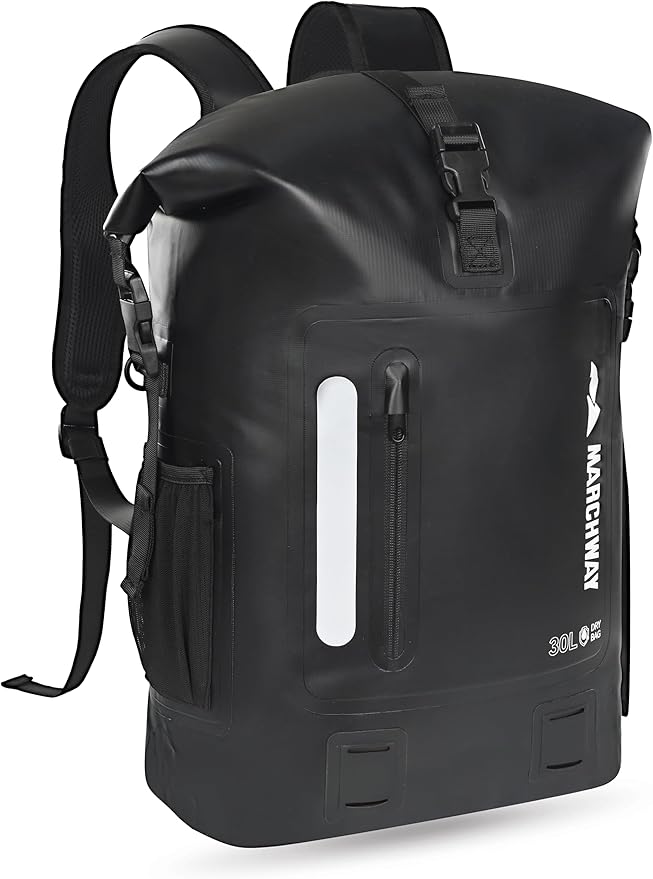 MARCHWAY Roll Top Waterproof Backpack, Floating Dry Bag 20L/30L/45L with Ergonomic Rectangular Base, Cushioned Back, Hip Strap for Hiking Camping Kayaking Travel (Black, 20L)