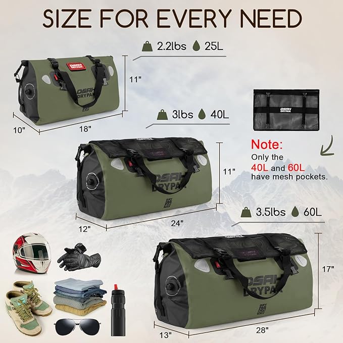 OSAH DRYPAK Waterproof Duffel Bag - Motorcycle Dry Bag Tail Bag with Large Storage Space, Waterproof Luggage Duffle Bags with Outer Mesh Zipper Pocket for Camping, Kayaking, Fishing & Traveling