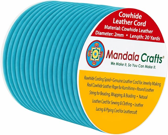 Mandala Crafts Round Genuine Turquoise Leather Cord for Jewelry Making – 2mm Cowhide Leather Rope String Lace for Kumihimo – 20 Yards Cowhide Craft Cording Spool