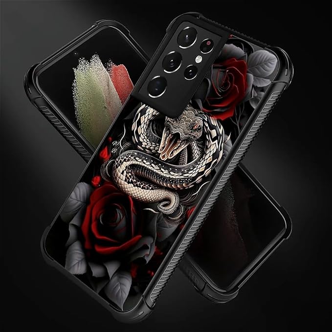 for Samsung Galaxy S21 Ultra Case, Entwined Rose Snake Pattern Graphic Design Girl Boy Soft Silicone Hard Acrylic Shock Protection for Samsung Galaxy S21 Ultra