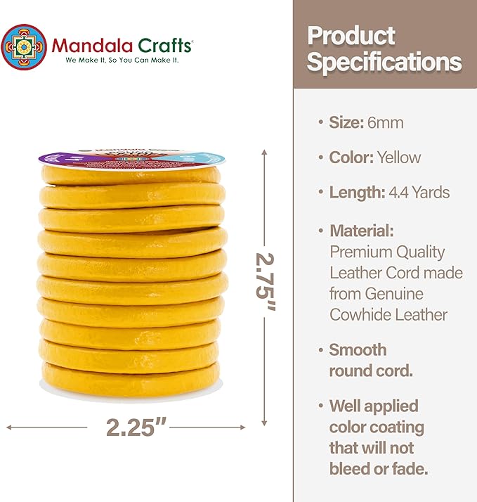 Mandala Crafts Round Genuine Mustard Yellow Leather Cord for Jewelry Making – 6mm Cowhide Leather Rope String Lace for Kumihimo – 4.4 Yards Cowhide Craft Cording Spool