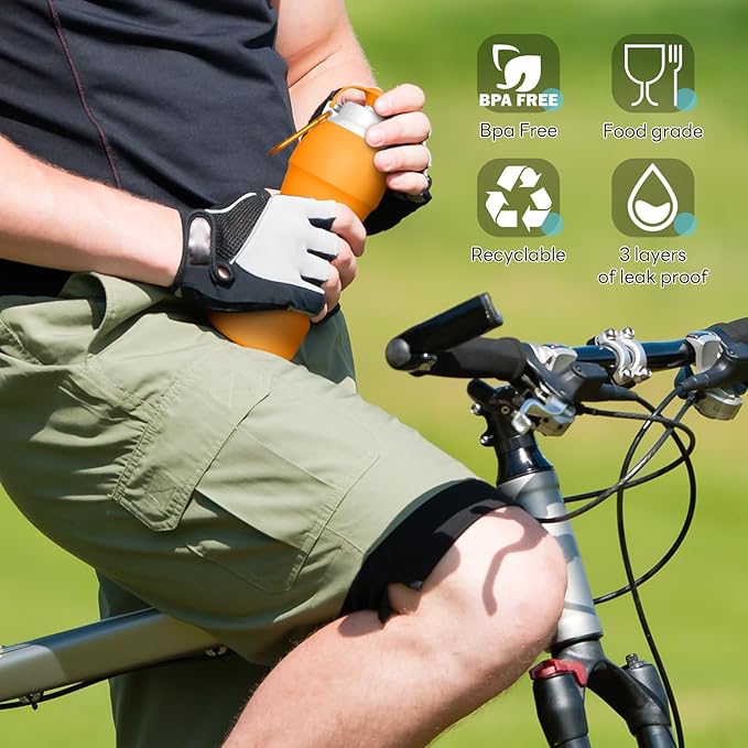 Collapsible Lightweight 20oz Water Bottle, Food-Grade Silicone BPA Free, Foldable Portable Leak Proof Office Travel Cycling Sports Outdoor Water Bottle with Vertical Hook (orange, long nozzle)