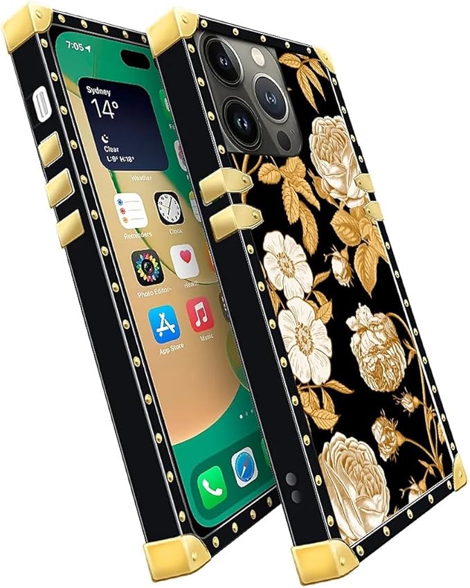 Compatible with iPhone 14 Pro Max Case, Blooming Rose Golden Flower Luxury Golden Decoration for Girl Women Soft TPU Shockproof Protective Hard PC Back for iPhone 14 Pro Max