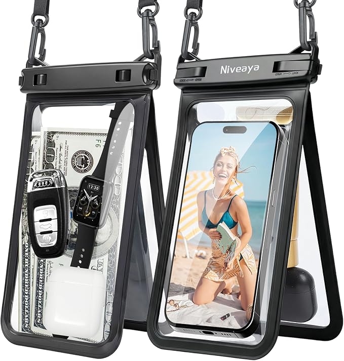 Niveaya Double Space Waterproof Phone Pouch, IPX8 Phone Case with Lanyard for iPhone 17 16 15 Pro Max, Galaxy S25 Ultra, Cellphone Dry Bag for Beach, Cruise Travel Ship Essentials 2 Pack (up to 8.3")