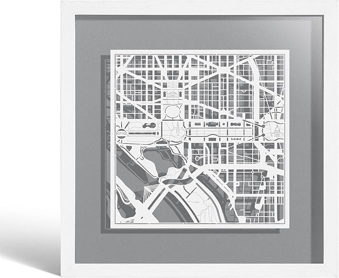 O3 Design Studio Washington D.C. Cut Map Framed, White map, White Frame, 9x9 inches, Paper Cutting Art Work, Gift Boxed, 4 Background Color, self-Changing, Wall Art