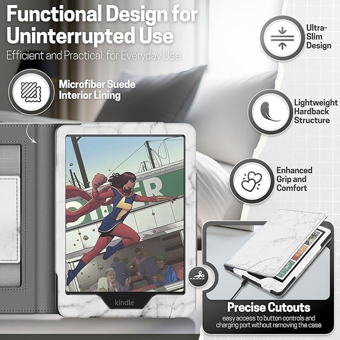 TNP Stand Case with Strap for Kindle Paperwhite 12th Gen 2024 / Kindle Colorsoft Signature Edition - 7" PU Leather Protective Folio Cover with Auto Wake/Sleep & Card Slot, Marble White