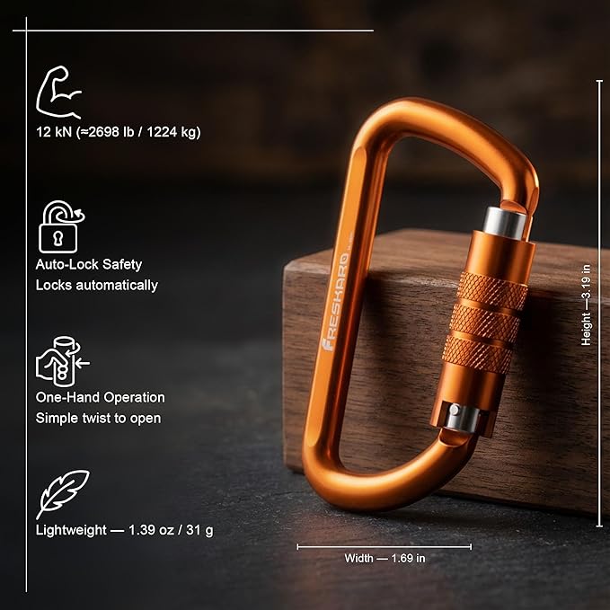 FresKaro 3inch 12kN-2698lbs Auto Locking Carabiner Clips, Solid D Shape, Heavy Duty 7075 Aluminum, Lightweight 1.09oz, Rust Proof, for Hammock, Hiking, Dog Leash, Keychain etc., Multi-Colors
