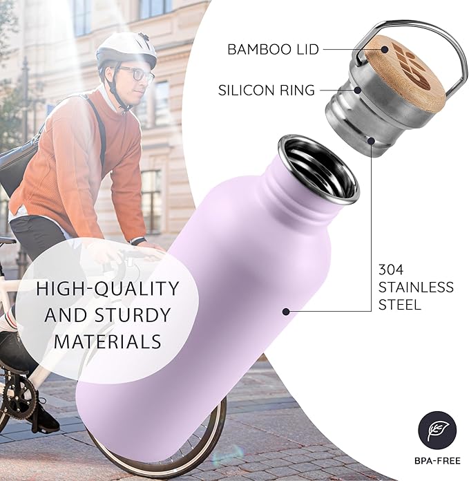 Bambaw Stainless Steel Water Bottle, 750 ml, Purple Sports Bottle, Non-Insulated Water Bottle, Stainless Steel Bottle, BPA-Free Flask – Light Lilac