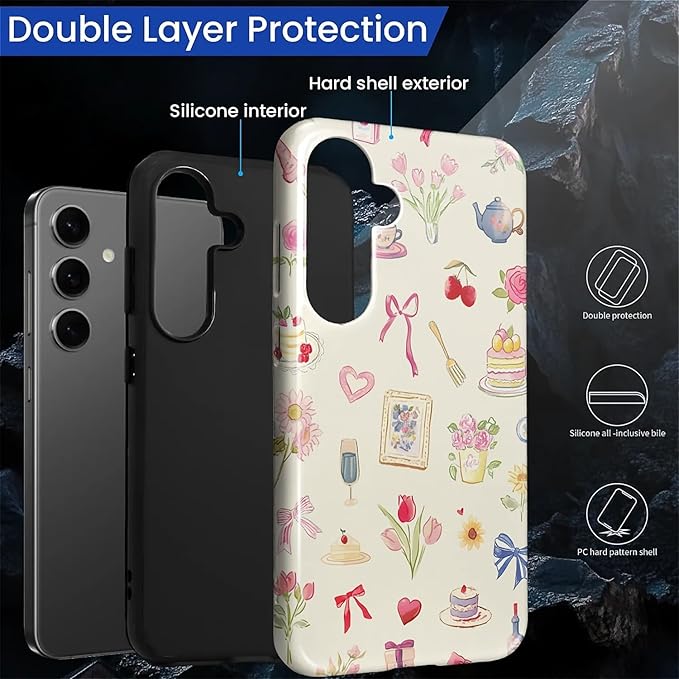 for Samsung Galaxy S24 Case,HL2 Aesthetic Bow Preppy Collage Hybrid 2 Layer Hard Shell Silicone Protective Pattern Design Case