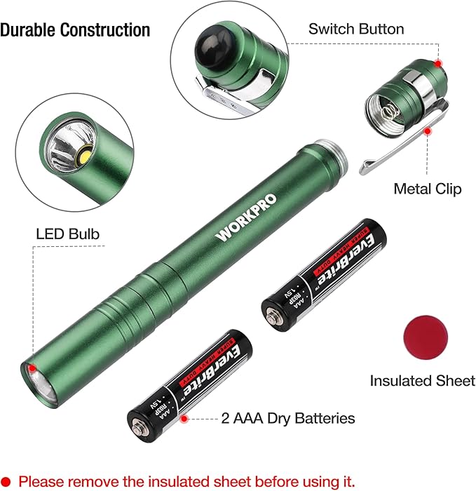 WORKPRO LED Pen Light, Aluminum Pen Flashlights, Pocket Flashlight with Clip for Inspection, Emergency, Everyday, 2AAA Batteries Include, Green(4-Pack)