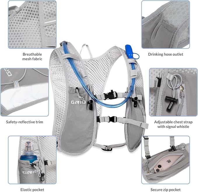 GRIO Hydration Running Vest for Women Men, Water Backpack for Hiking ,with 1.5L Water Bladder, Lightweight Breathable Reflective Hydration Pack for Marathon, Trail, Hiking, Cycling