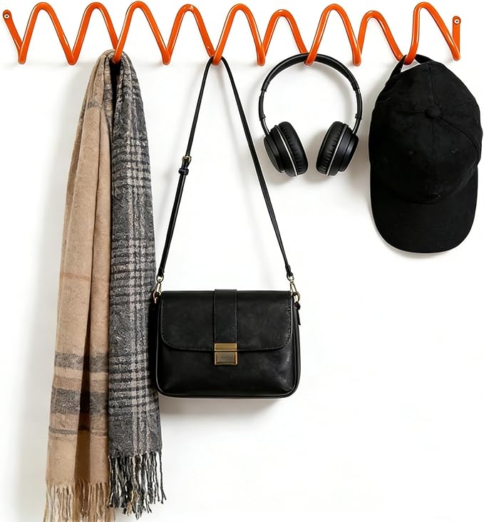 Orange Wall Mounted Coat Rack, Decoration Wave Shaped Wall Hooks, Multi-Purpose Hooks for Coat, Hat, Bag, Umbrella, Heavy-Duty Metal Rail for Bedrooms, Living Rooms, Bathrooms(19.69" x 2.56")