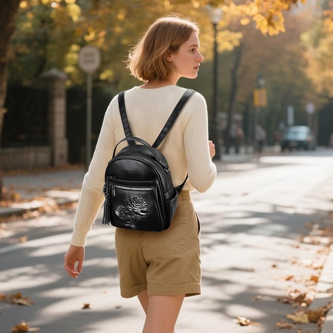 Mini Backpack Purse for Women,Embossed Leather Small Backpack Fashion Travel Backpacks Daypacks Shoulder Handbag (BLACK-Flower)