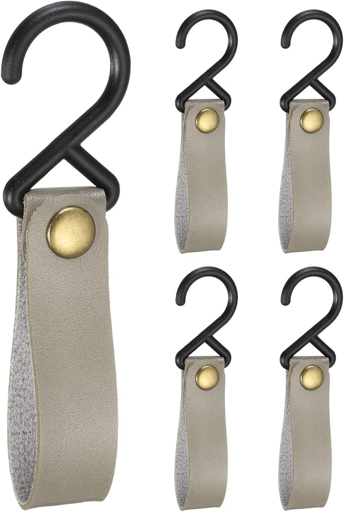 uxcell 5pcs PU Leather Hooks, Leather Straps with Hooks, S-Shape Hooks for Outdoor Camping Hanging Pots Pans Utensils Grey