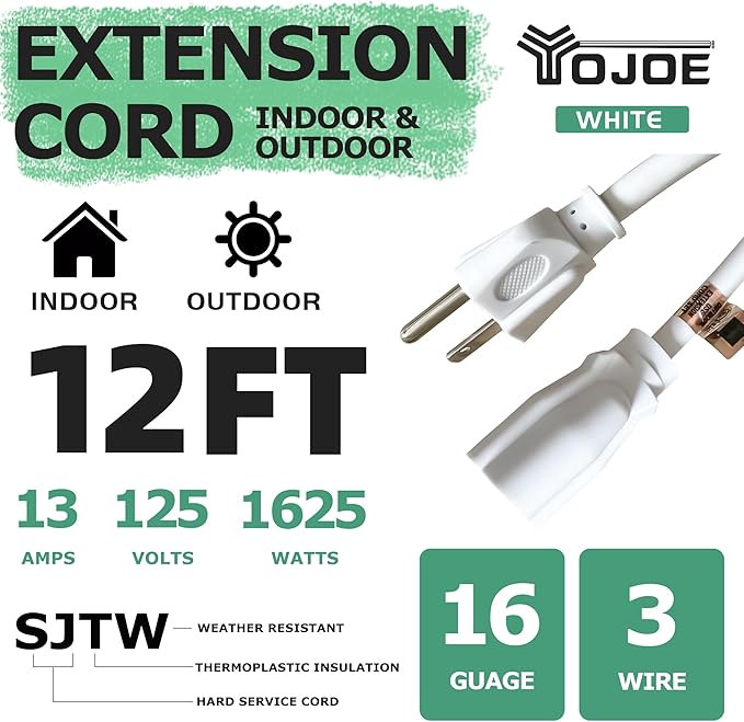 YOJOE Indoor Outdoor Extension Cord, 3 Prong 13A Weatherproof Power Cord, 16 Gauge Heavy Duty 12 ft White Extension Cord for Garage, Garden and Home, 16/3 SJTW UL Listed