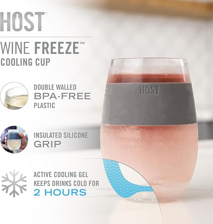 Host Wine Freeze Cup Set of 2 - Plastic Double Wall Insulated Wine Cooling Freezable Drink Vacuum Cup with Freezing Gel, Wine Glasses for Red and White Wine, 8.5 oz Grey - Gift Essentials