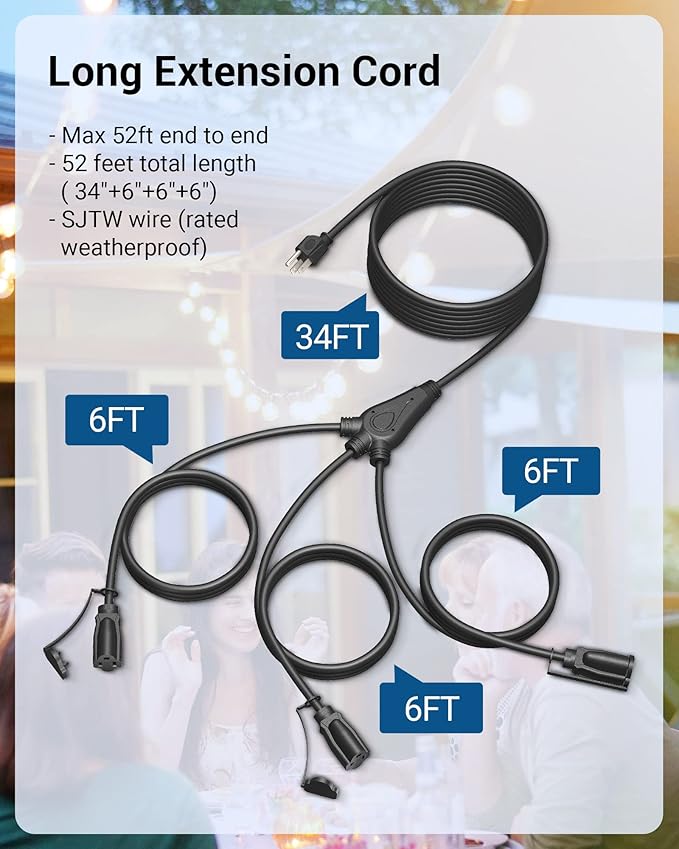 DEWENWILS Outdoor Extension Cord 1 to 3 Splitter, Total 52FT, 13A 125V 1625W 16/3C SJTW Extension Cord Heavy Duty Extension Cord for Holiday Light, Outdoor String Light, ETL Listed (Black), 1 Pack