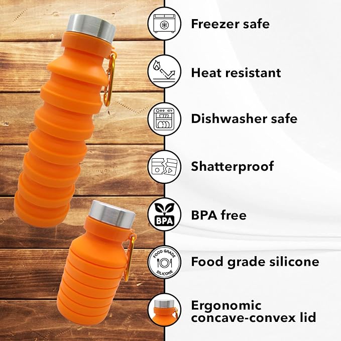 Gadgetime USA Collapsible Water Bottle (Orange) - Reusable, BPA Free, Silicone, Foldable Portable & Leak Proof - Water Bottles for Travel Gym Camping Hiking - Sports Water Bottle with Carabiner
