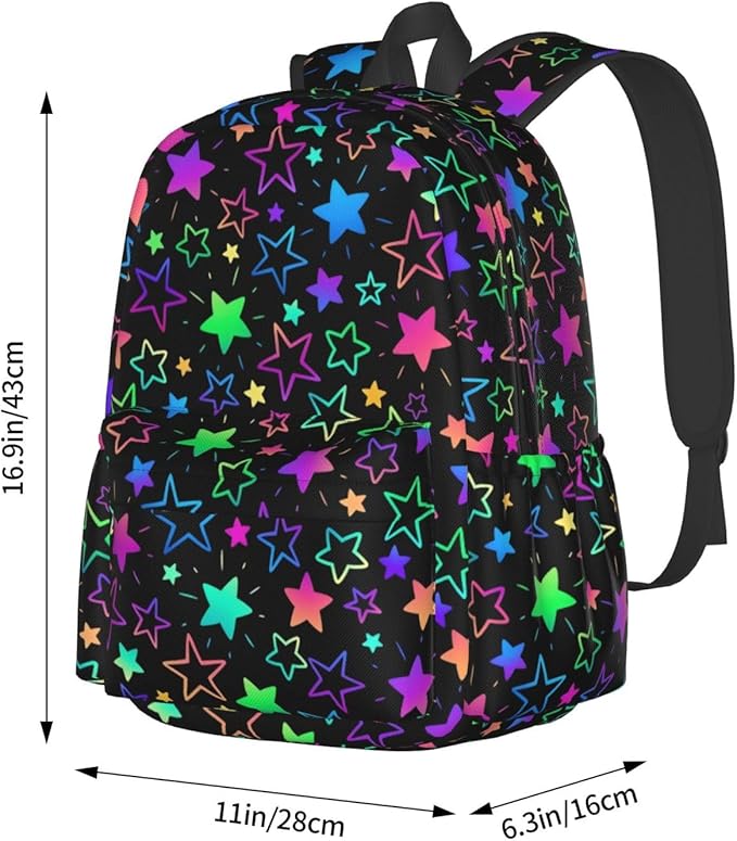 cfpolar 17 Inch Backpack Bright Neon Stars Laptop Bag Shoulder Bag School Bookbag Casual Daypack For Boys Girls
