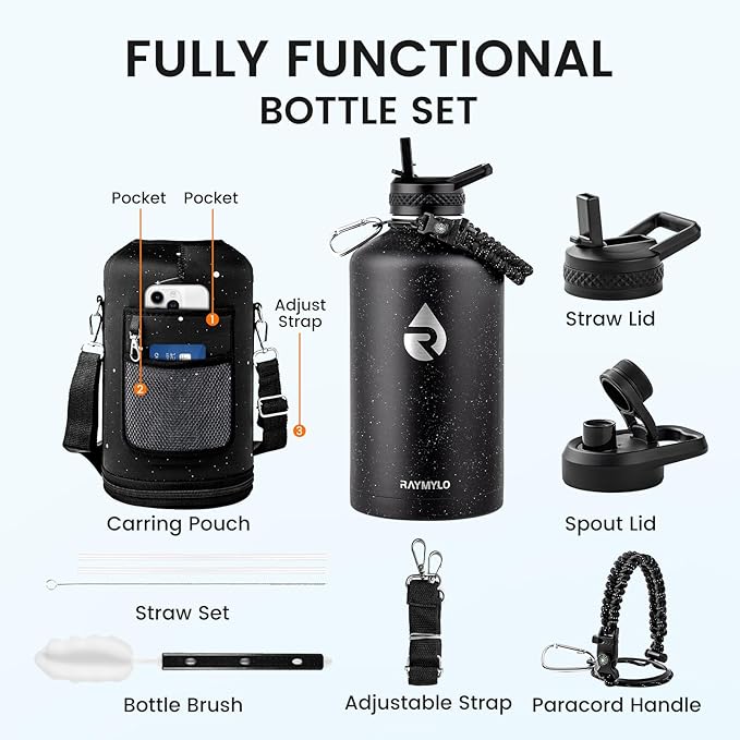 RAYMYLO 128oz Insulated Water Bottle, Triple Wall Vacuum Stainless Steel Water Bottles - Keeps Cold 48H, Reusable One Gallon Flask Jug for Gym, Sports, Camping, Hiking,Travel, Starry Sky-Black