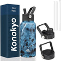 Konokyo 32 oz Insulated Water Bottle Stainless Steel Sport Bottles with 3 Lids,Marble Ocean