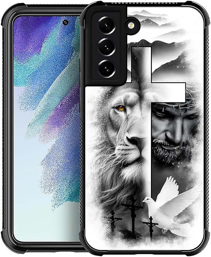 for Samsung Galaxy S21 Case, Lion Cross Jesus Christ Dove Pattern Graphic Design Girl Boy Soft Silicone Hard Acrylic Shock Protection for Samsung Galaxy S21