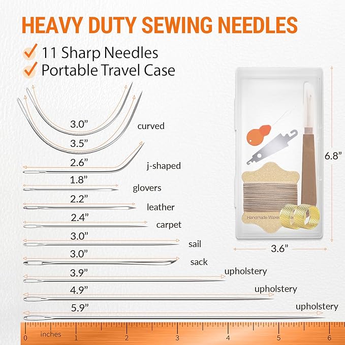 VONEEDL Upholstery Repair Kit: Waxed Sewing Thread (Khaki Color) & Heavy Duty Needles (11 PCS) for Leather, Canvas & Quilting Thread