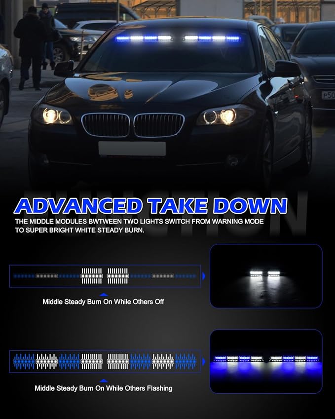 HLauto 604N Emergency Dash Strobe Lights: 2x16.8 inch Blue White Security Light w/Take Down, 48 LED Safety Flashing Warning Hazard Interior Windshield Light Bar for Trucks Vehicles