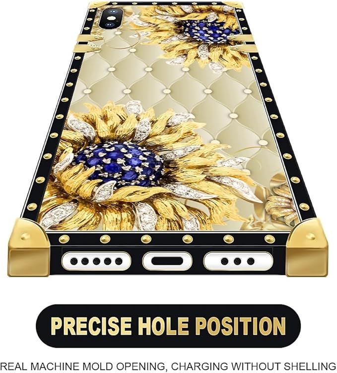 Compatible with iPhone Xs Max Case, Sunflower Diamonds Leather Luxury Golden Decoration for Girl Women Soft TPU Shockproof Protective Hard PC Back for iPhone Xs Max