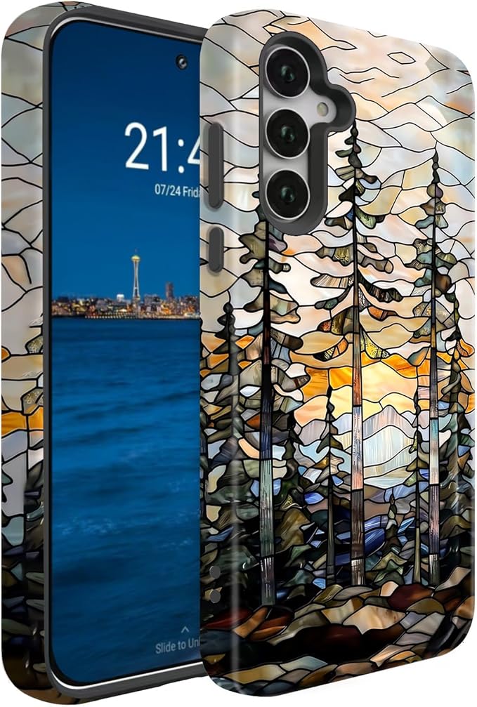 Compatible for Samsung Galaxy A37 5G Case, Dual Layer Heavy Duty 2 in 1 Shockproof Protective Phone Case,Stained Glass Forest and Sunset