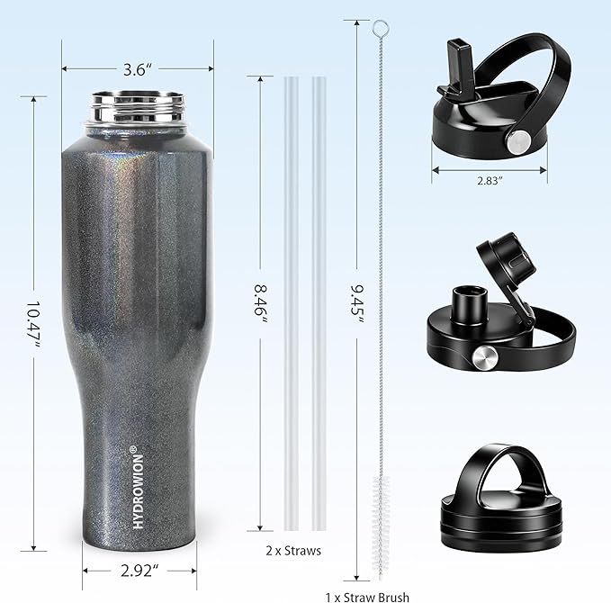 HYDROWION Water Bottle Stainless Steel,Vacuum Insulated Leak Proof Tumbler 32oz with Straw Lid, Spout Lid and Flex Cap(Cold for 48 Hrs, Hot for 24 Hrs), Fit in Any Car Cup Holder, Laser Grey