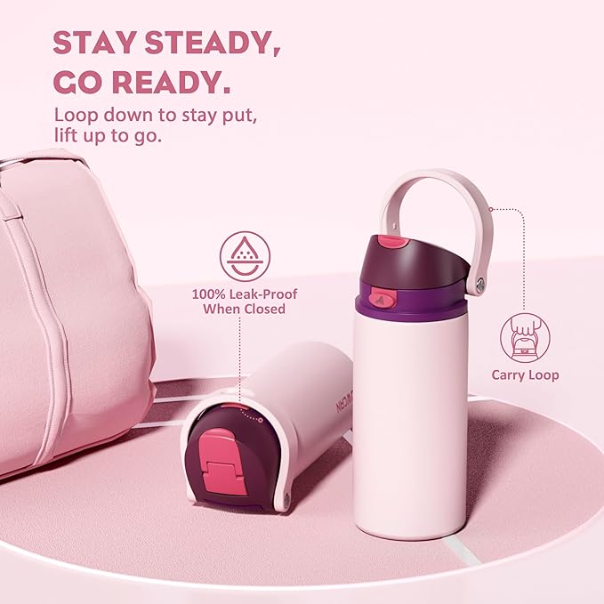 POWCAN 18 oz Stainless Steel Water Bottle: 2-in-1 Push-Button Spout & Quick-Flip Straw, Leakproof, Cold 24 Hrs, Fits Car Cup Holder, Insulated Bottle for Gym, School, Travel, Outdoor Gift (Plum Field)