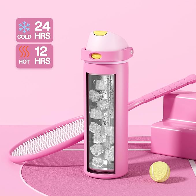 POWCAN 24 oz Steel Water Bottle: 2-in-1 Push-Button Spout & Quick-Flip Straw, Leakproof, Cold 24Hrs, Fits Car Cup Holder, Insulated Cup for Sports, Travel, School, Gift for Women, Girls (Rose Slumber)
