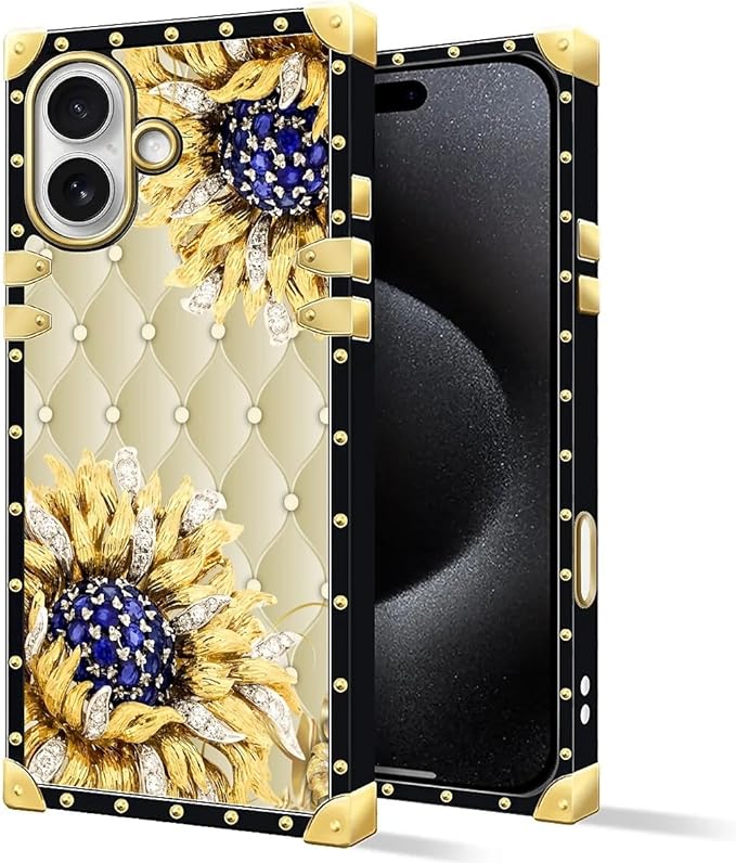 for iPhone 17 Case Luxury Golden Decoration for Girl Women Soft TPU Shockproof Protective Hard PC Back for iPhone 17 Crazy Pattern Sunflower Diamonds Leather
