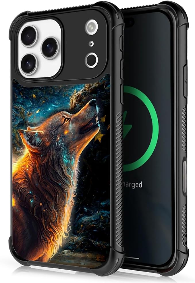 for iPhone 17 Pro Max Case,for MagSafe Graphic Design for Girl Boy Soft Silicone Hard Acrylic Shock Protection Designed for iPhone 17 Pro Max Star Cave Hungry Wolf Pattern