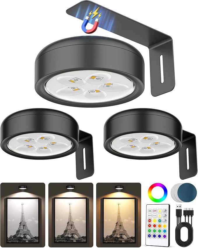 3 Pack Picture Lights for Wall,Wireless 2000mAh Rechargeable Magnetic LED Puck Lights with Remote,3 Color Temps and 12 RGB,Dimming & Timer,Art Frame Light for Painting Display,Photos,Wall Decor