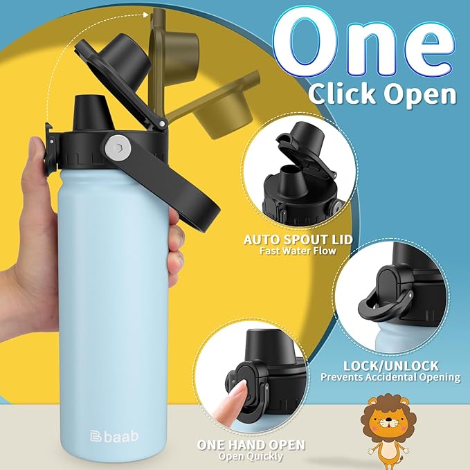 baab 18oz Kids Water Bottle, Insulated Kids Water Bottle with Lockable Spout Lid & Stickers, 18/8 Stainless Steel Vacuum Leakproof Kid Water Cup for Boy Girl School (Navy Blue+Light Blue, 2 Pack)