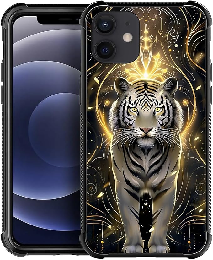 for iPhone 12/12 Pro Case, White Tiger Golden Mystery Pattern Graphic Design Girl Boy Soft Silicone Hard Acrylic Shock Protection for iPhone 12/12 Pro