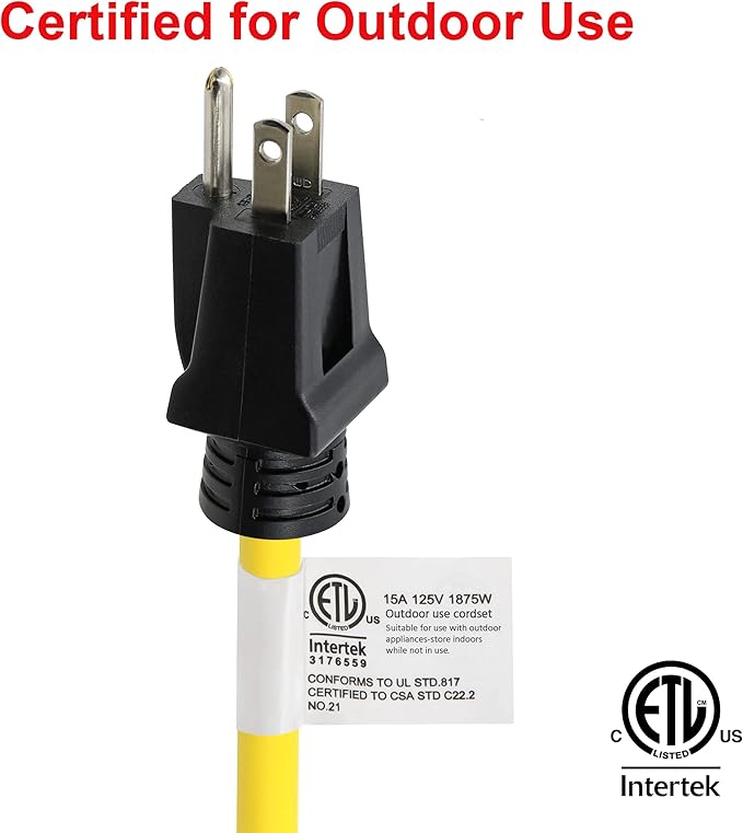 Clear Power 50 ft 12/3 SJTW Heavy Duty Outdoor Extension Cord, Water & Weather Resistant, Flame Retardant, Yellow, 3 Prong Grounded Plug, CP10145