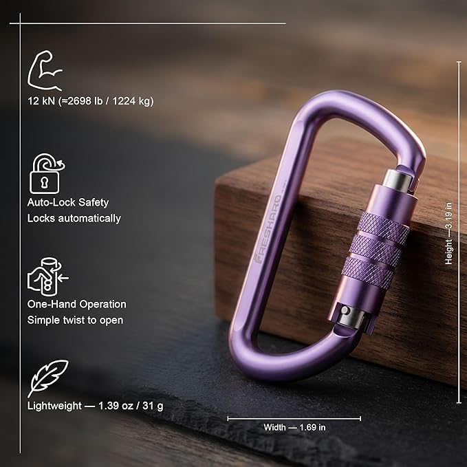 FresKaro 3inch 12kN-2698lbs Auto Locking Carabiner Clips, Solid D Shape, Heavy Duty 7075 Aluminum, Lightweight 1.09oz, Rust Proof, for Hammock, Hiking, Dog Leash, Keychain etc., Multi-Colors