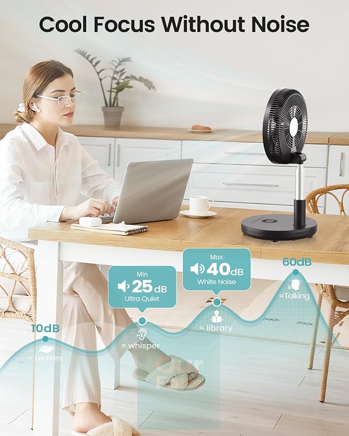 TriPole Foldable Standing Fan 12" Portable Rechargeable Battery Pedestal Fan with Remote, Timer Setting, Height Adjustable, for Home Office, 6 Speed, 12000mAh (Black)