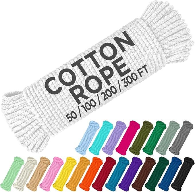 TECEUM Cotton Rope 3/16” (5 mm) – 50 FT – Strong All-Purpose Braided Rope – Natural Cotton – for Crafting, Сamping, Clothes Line, DIY, Indoor & Outdoor Use – White