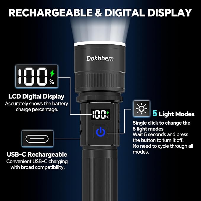 Rechargeable Flashlights 2 Pack, Super Bright LED Long Handle Flashlight with LCD Digital Display, 5 Modes & Zoomable Tactical FlashLights, Large Capacity Battery Powerful Flash Light for home