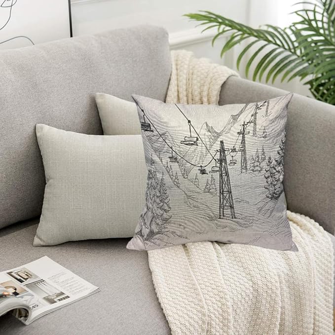 TKS MITLAN Mountain Ski Lift Pillow Cover 18x18 inch Sketch White Wintertime Snow Landscape Resort Rustic Linen Throw Pillow Covers 18x18 Inch for Sofa Couch Decoration