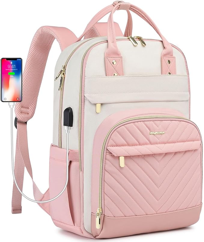 bagswan Laptop Backpack for Women Work - 15.6 Inch Travel Backpack Fashion Work Business Backpacks Purse Warterproof College Teacher Nurse Computer Daypack Beige Pink