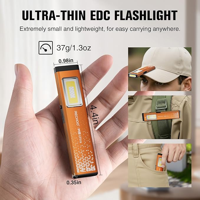 RECHOO Flat EDC Flashlight Rechargeable, 8-Mode Slim Pocket Flashlight with Magnetic Base & Clip, Lightweight Mini Rechargeable Flashlights for Everyday Carry, Working, Camping, Car Repair & Emergency