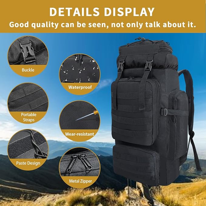 80L Hiking Backpack Men Camping Backpack, Waterproof MOLLE Military Tactical Rucksack, Large Capacity Assault Pack for Outdoor Survival, Trekking, Travel (Black)