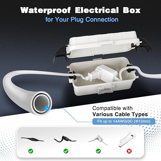 FLEMOON [2 Pack] IP55 Outdoor Electrical Box Waterproof with Detachable Awning Covers, 8.3 x 4.1 x 3.7 inch Weatherproof Extension Cord Cover, Easy Installation for Outdoor Plug, String Lights, White
