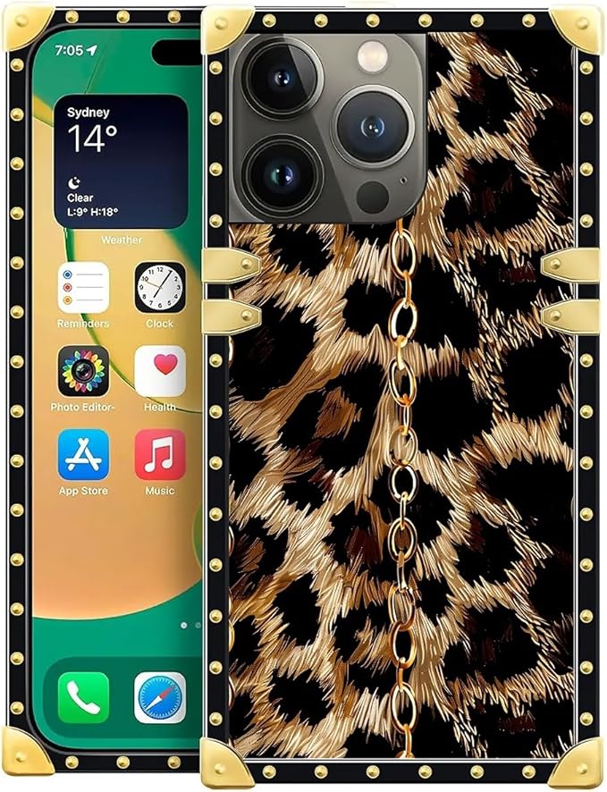 Compatible with iPhone 14 Pro Case, Seamless Gold Chain Leopard Luxury Golden Decoration for Girl Women Soft TPU Shockproof Protective Hard PC Back for iPhone 14 Pro