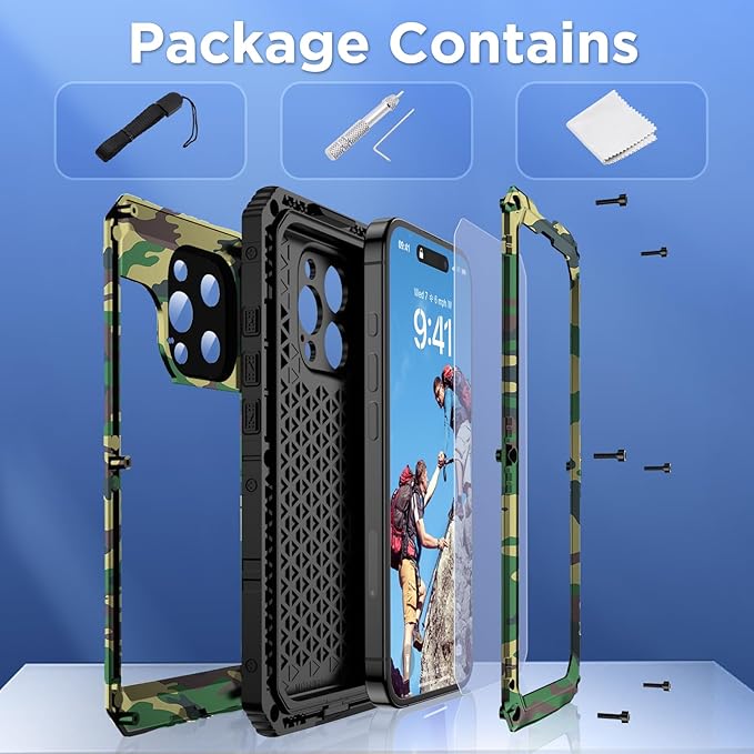 Mitywah Waterproof Case for iPhone 16 Pro, Shockproof Heavy Duty Case with Built-in Screen Protector, Underwater Full Body Protective Metal Case 6.3 inch, Camouflage